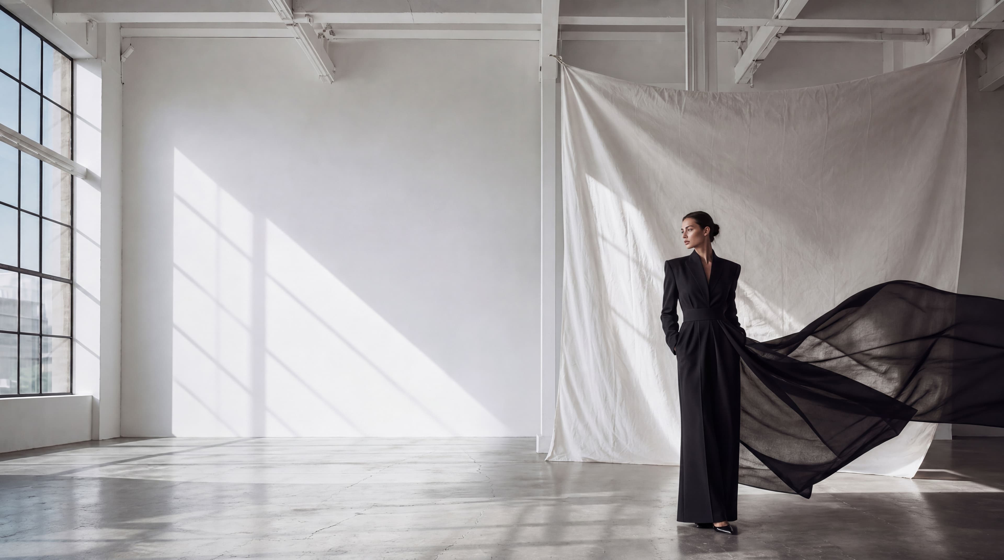Atelier in white with sheer fabric in motion